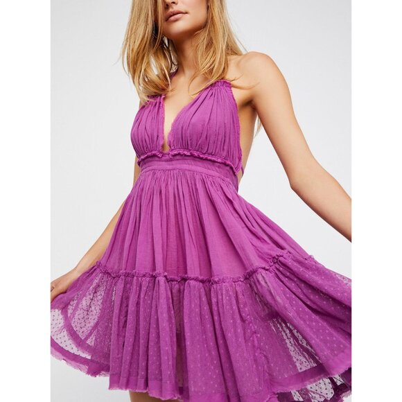 RARE COLOR: Free People Magenta Tiered Ruffle Hem Mini Swing Dress Tunic - Picture 1 of 5